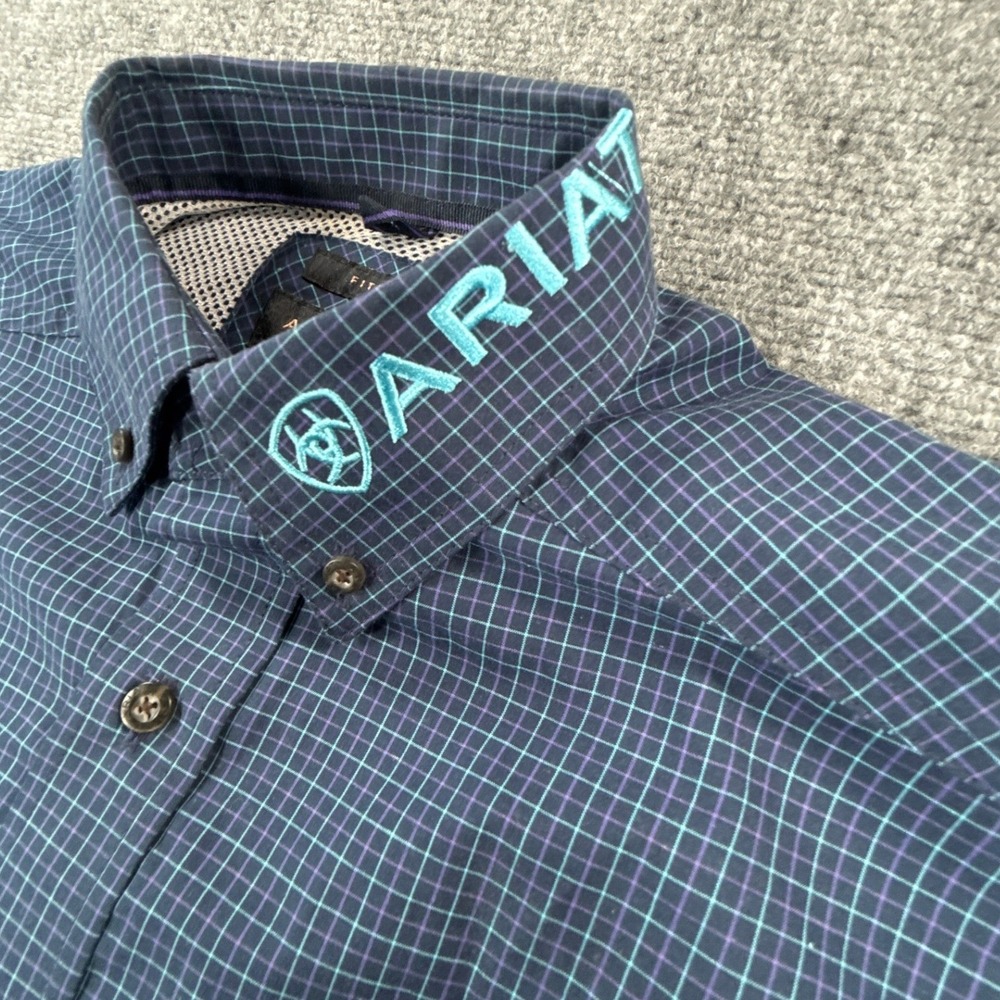 Ariat Pro Series Team Sully Shirt Mens XS Blue Plaid Logo Sleeve 10039693